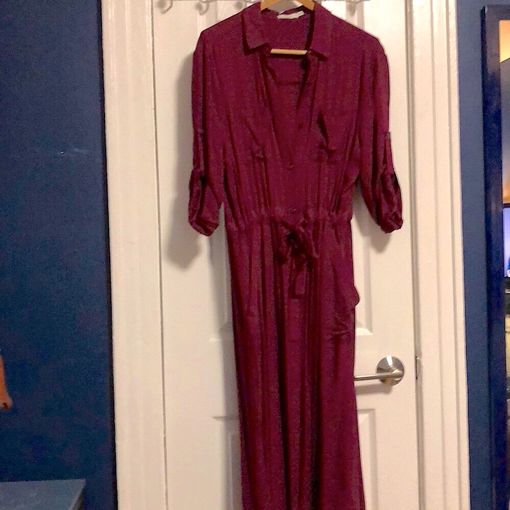 Lush wine red button up midi shirt dress with waist tie